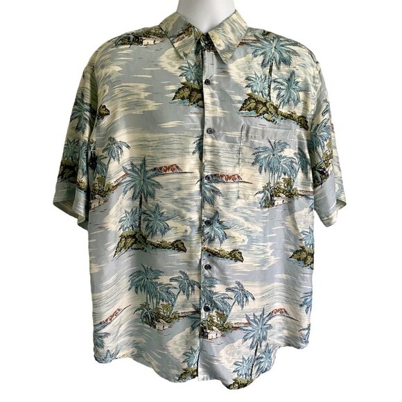 Roundtree & Yorke Short Sleeve Tropical Beach Button Down Silk Shirt Men's Large - Picture 2 of 9